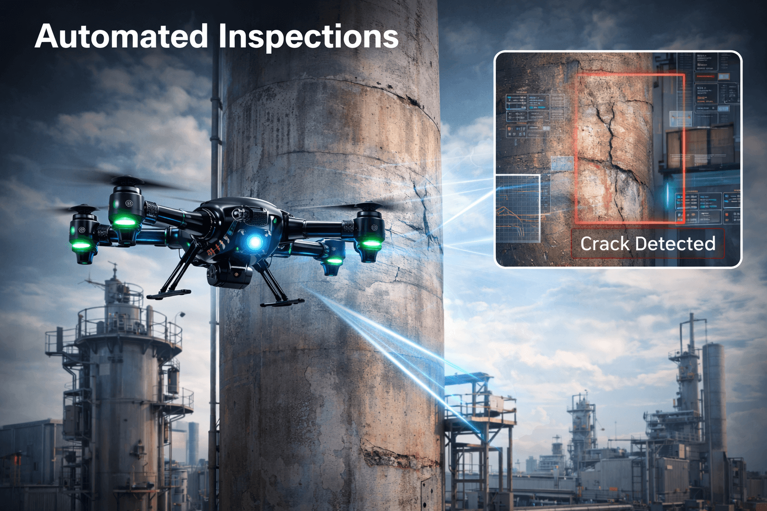 AI-powered drone performing automated inspection on industrial structure and detecting cracks in a smart factory