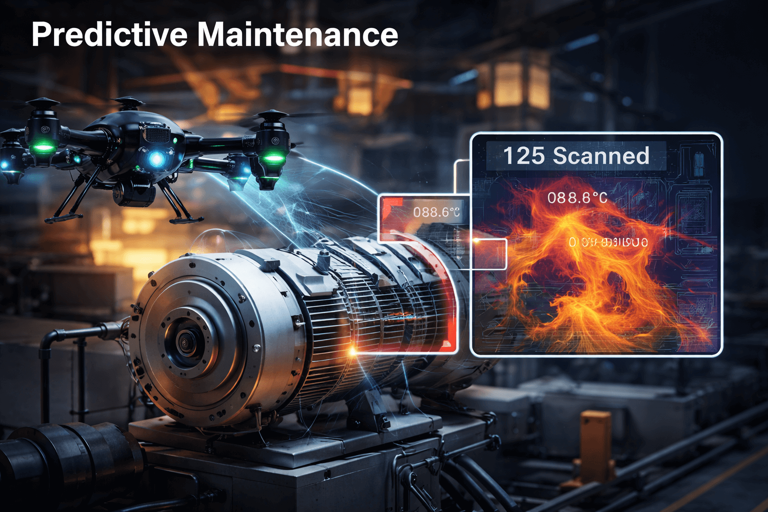 AI-powered drone performing predictive maintenance by scanning industrial motor using thermal imaging in a smart factory