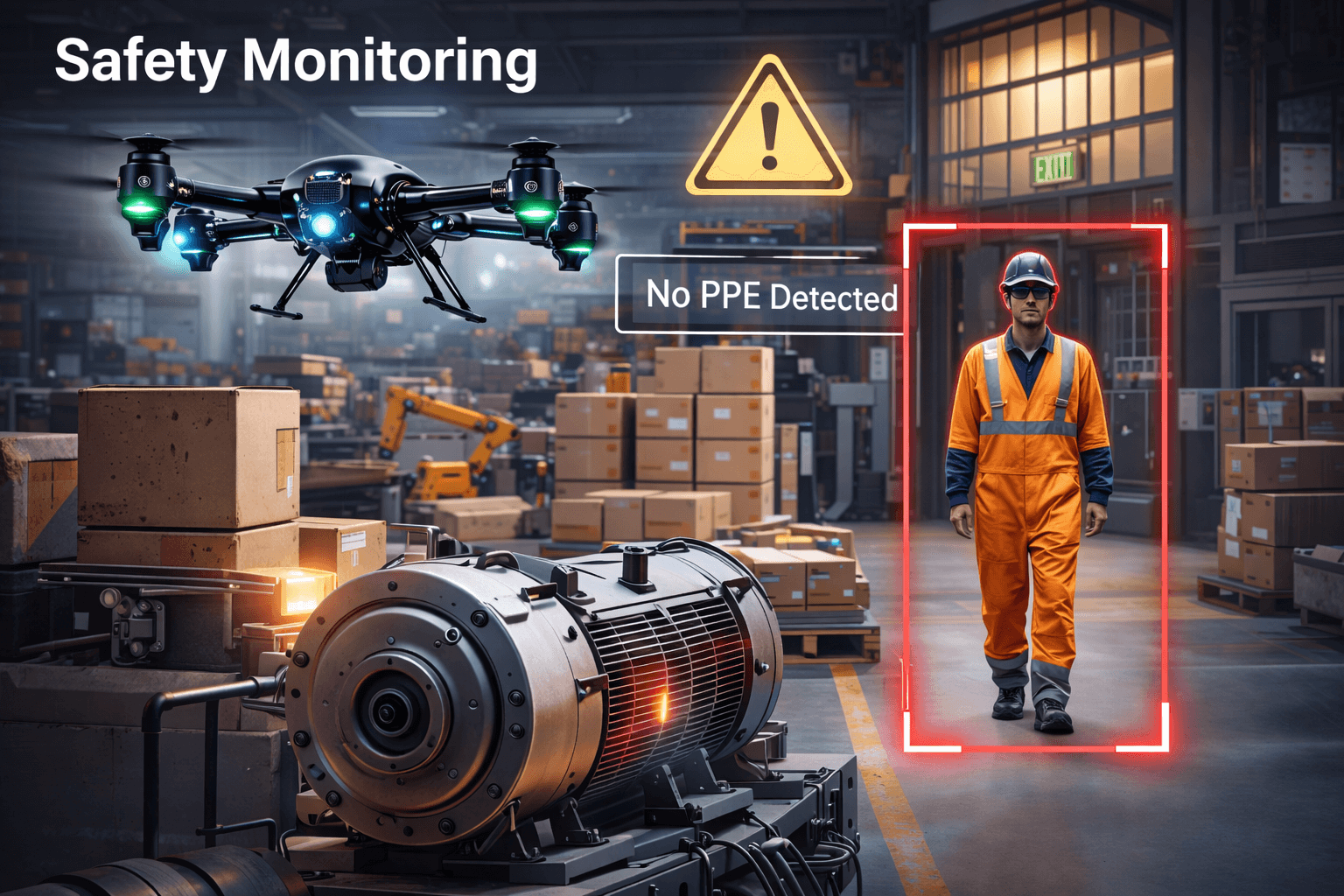 AI-powered drone monitoring worker safety in a smart factory by detecting missing PPE in real time