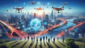 Drones performing real-time aerial mapping with live analytics dashboards and 3D terrain visualization.