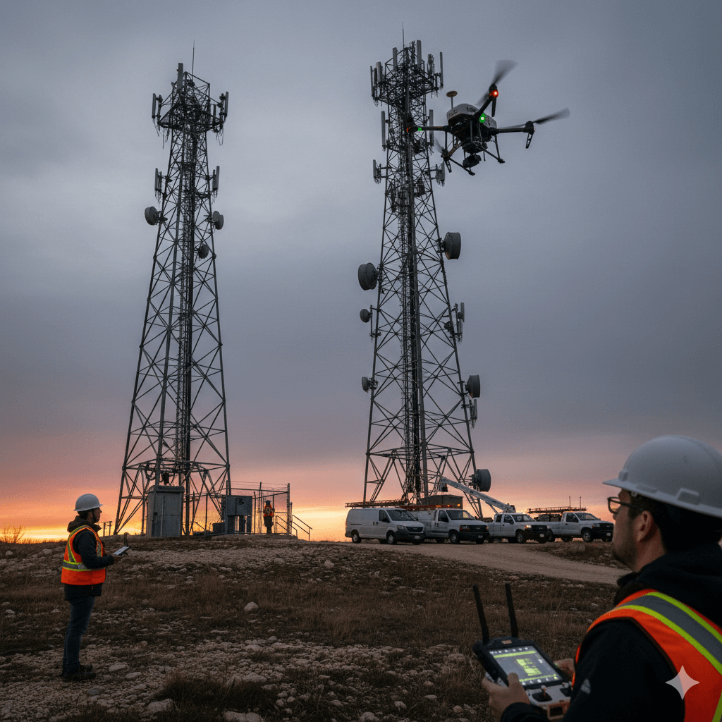Drone Inspection of Rural Cell Tower at Sunset