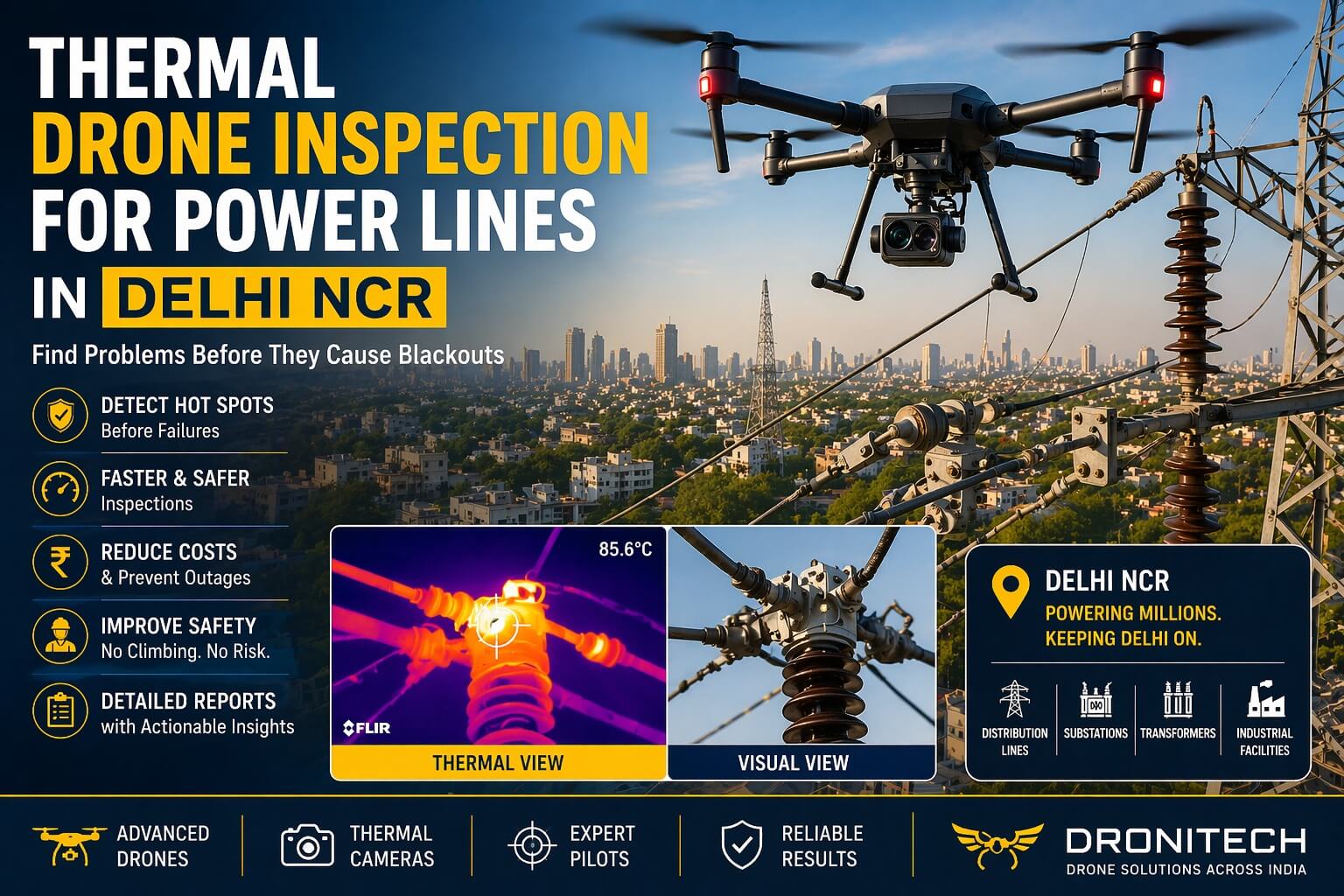Thermal Drone Inspection for Power Lines in Delhi | Prevent Blackouts & Improve Safety